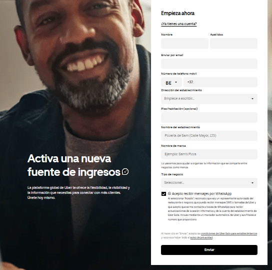 formulario para darse de alta en uber eats